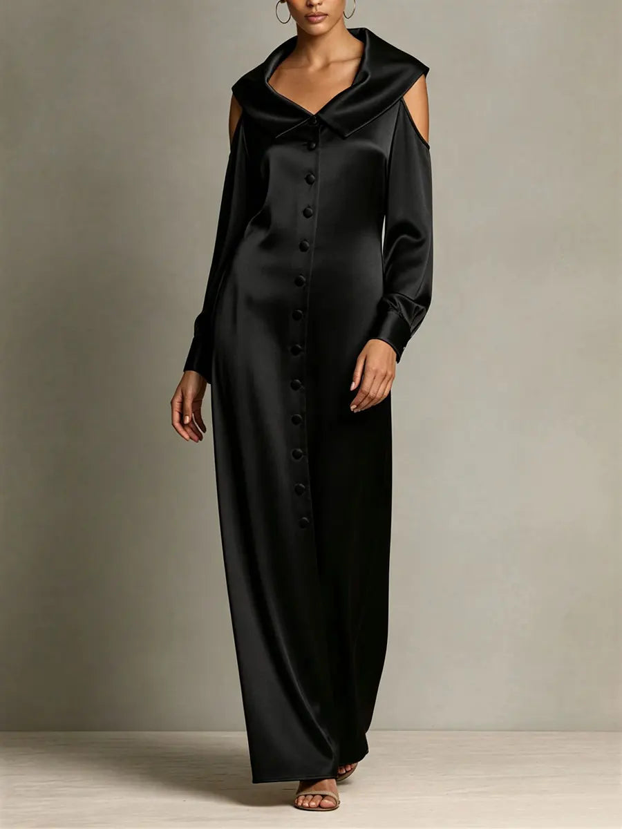 Refined Satin Portrait-Collar Maxi Dress