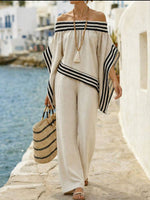 Women's Casual Loose Cotton-linen Set: Off-shoulder 3/4 Sleeve Top & High-waisted Wide-leg Pants