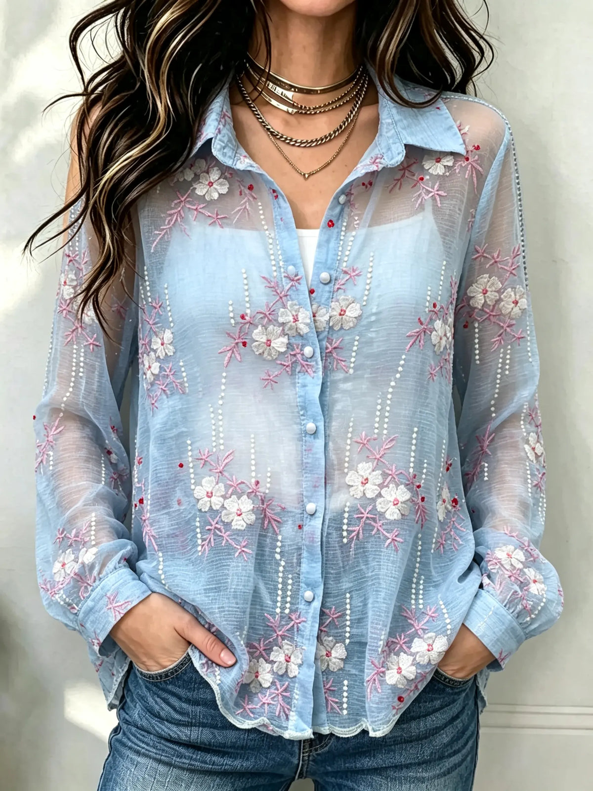Women's Floral Embroidered Sheer Shirt