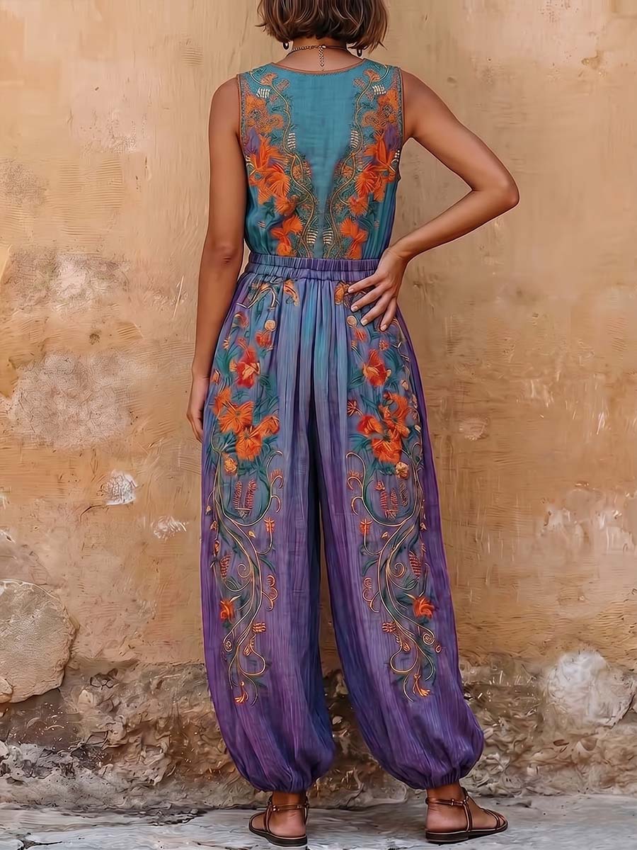 Women's Vintage Placement-print V-neck Sleeveless Casual Loose Cotton-linen Wide-leg Jumpsuit