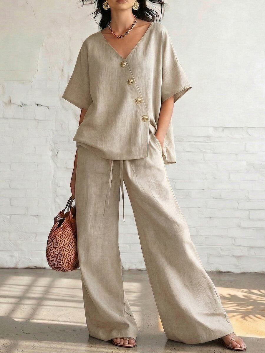 Women's Solid Color Casual Stylish Top And Wide Leg Pants Two-piece Set