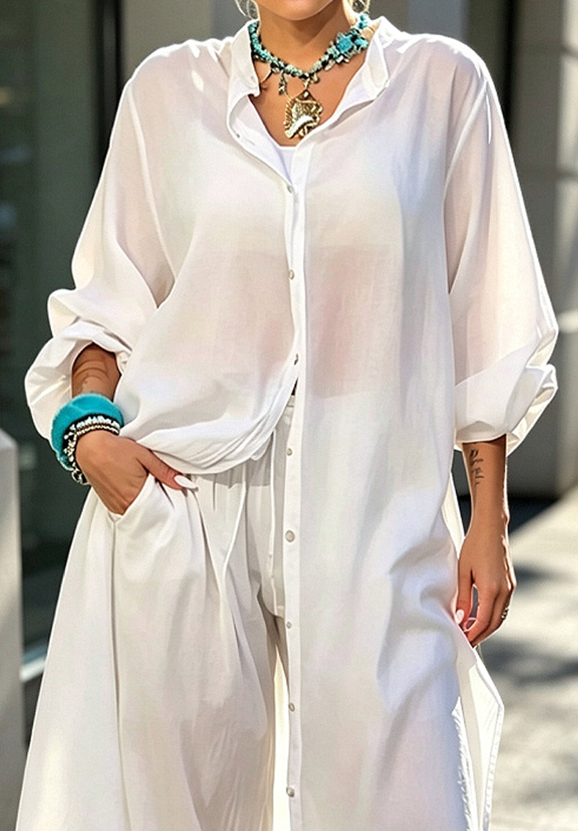 Breathable Art Casual Long Top And Pants Cotton And Linen Two-piece Set