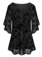 Commute Resort Flocked Print Double Layer Flow V-neck Ruffle 3/4 Sleeve Shirt
