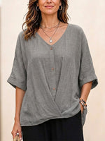 Laid-back Resort Solid V-neck Wooden Button Irregular Cross Hem Linen Shirt