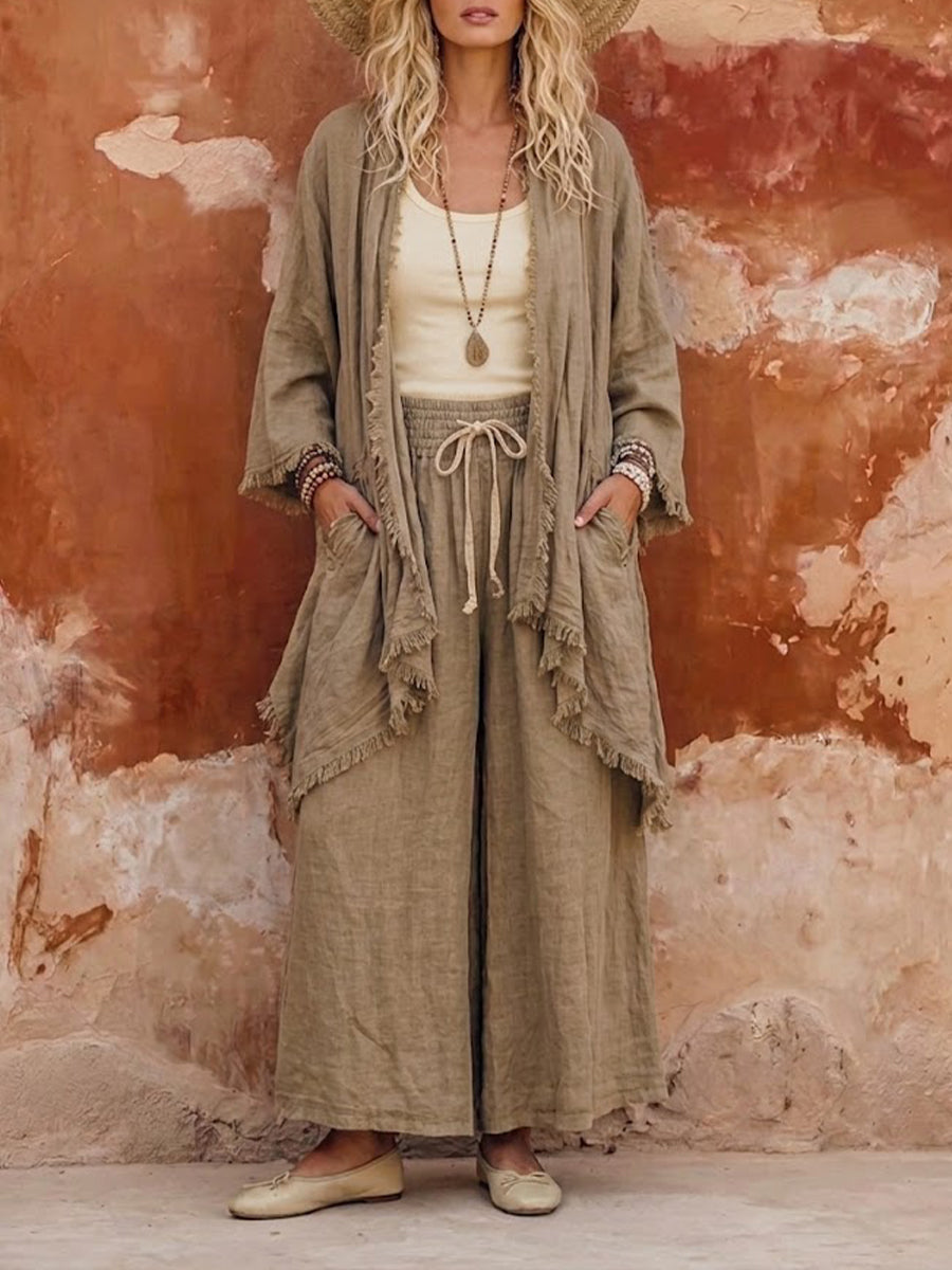 Vintage-style Casual Bohemian Linen-cotton Cardigan And Trousers Two-piece Set