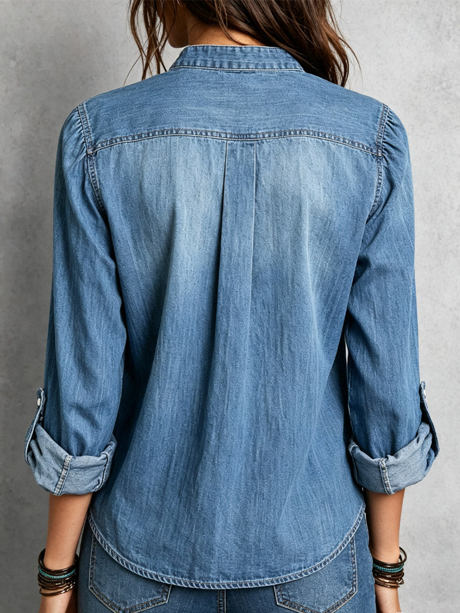 Classic Denim Loose Art Casual Stand Collar Long Sleeve Shirt