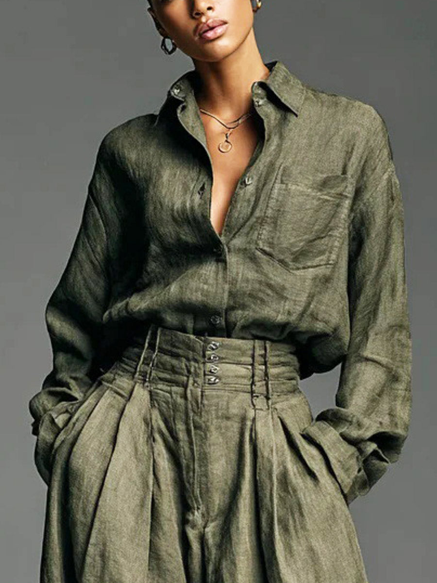 Women's Solid Color Art Casual Lapel Top And Pants Two-piece Set