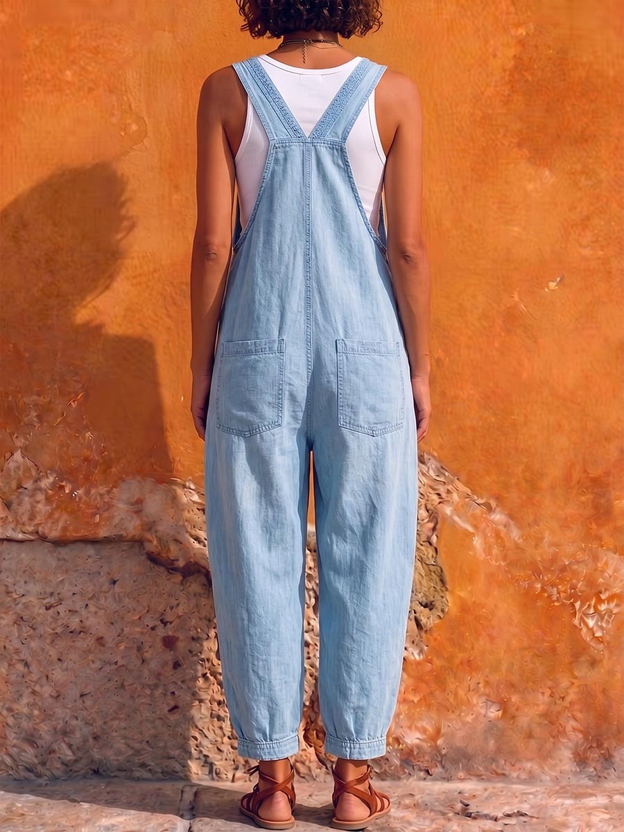 Women's V-neck Sleeveless Casual Loose-fit Denim Wide-leg Jumpsuit