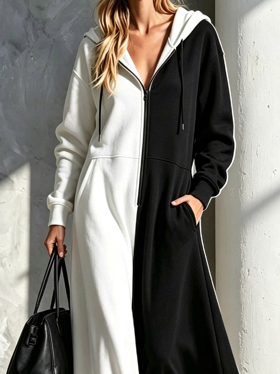 Color Block Hooded Loose Art Casual Long Sleeve Cotton Long Dress