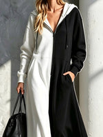 Color Block Hooded Loose Art Casual Long Sleeve Cotton Long Dress