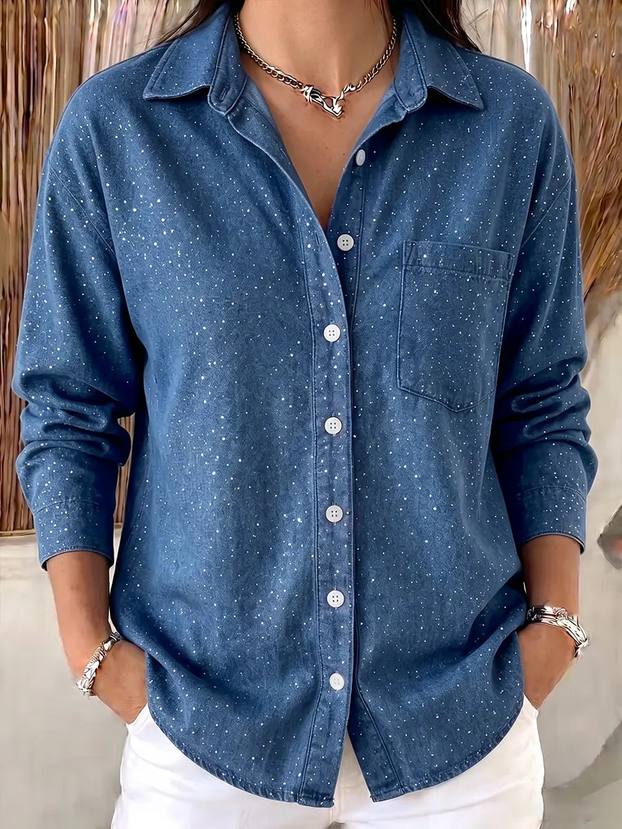 Chic Shiny Denim-Style Button-Down Top