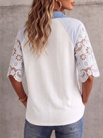 Vintage Elegant Waffle Patchwork Embroidered Cut-Out Sleeve Shirt
