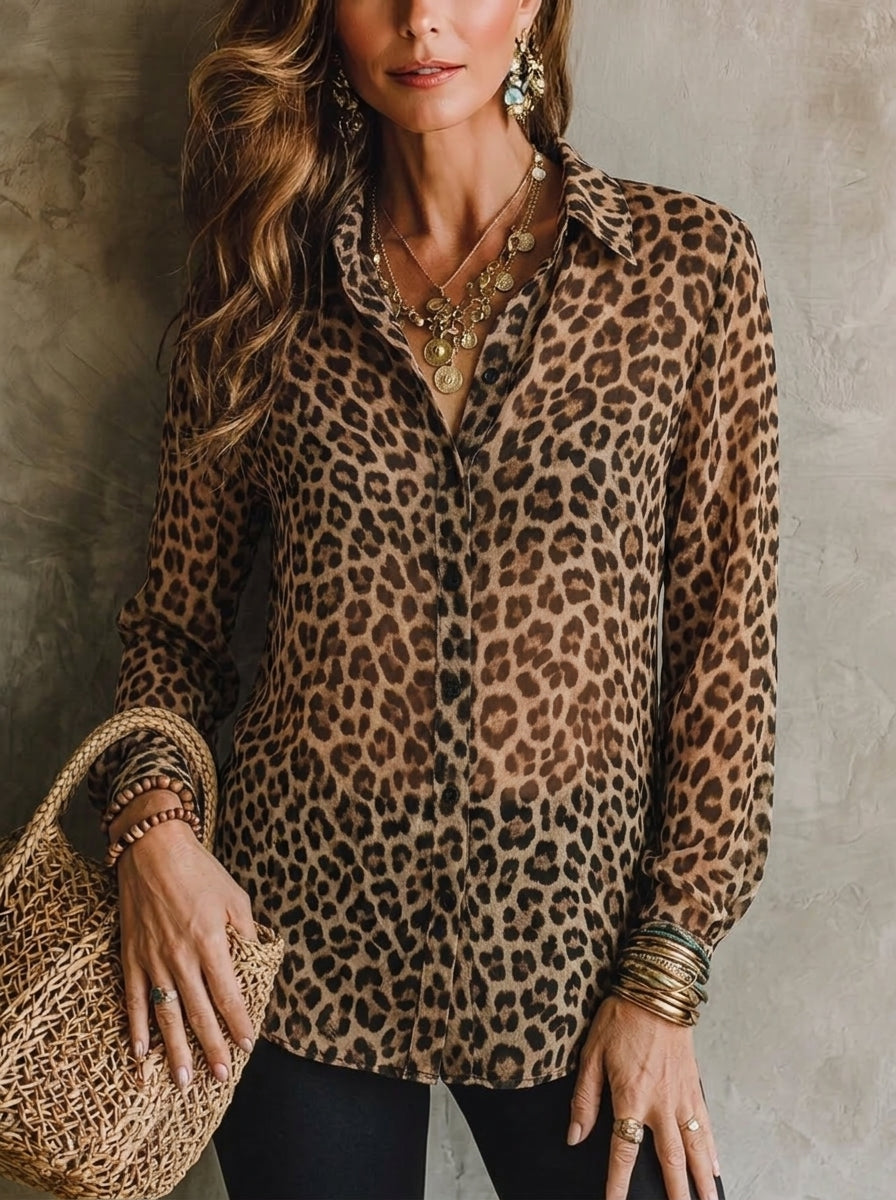 Women's Sheer Leopard Print Button-Down Shirt