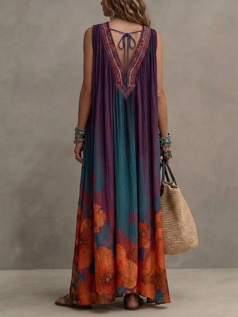 Bohemian Floral Print Sleeveless Linen And Cotton Maxi Dress