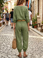 Women's Casual Long Sleeve Top And Pants Cotton And Linen Two-piece Set
