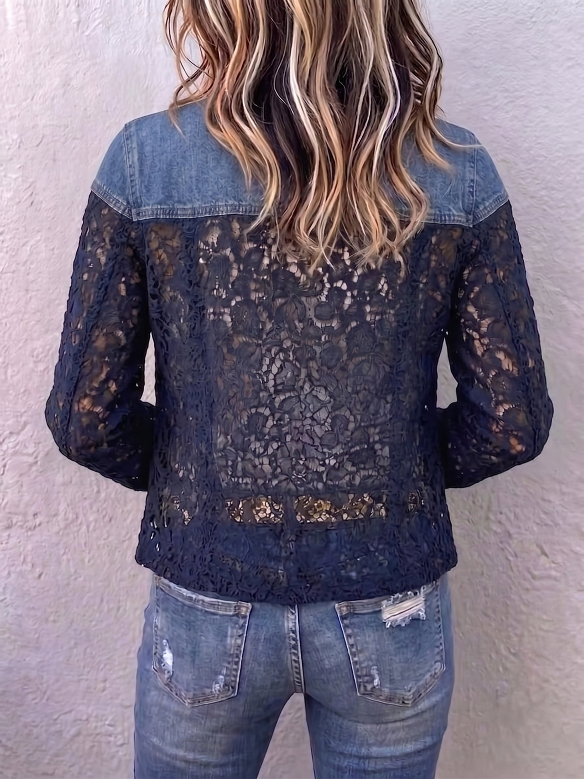 Casual Denim Jacket With Lace Paneling