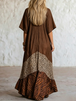Vintage Bohemian Contrast Animal Print Triple Spliced Flowy Crinkled Maxi Dress