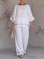 Shimmering Metallic Trim Linen Fringed Tunic & Wide-Leg Pants