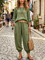 Women's Casual Long Sleeve Top And Pants Cotton And Linen Two-piece Set