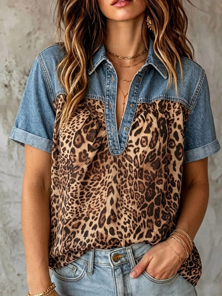 Women's Leopard Pattern Art Print Casual Stylish Denim Patchwork Shirt