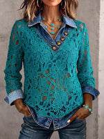 Vintage Elegant Floral Embroidered Cutout Lace Patchwork Denim Shirt