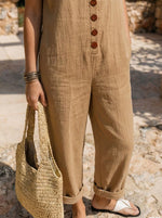 Womens Collared Cap Sleeve Button Front Cotton Linen Cuffed Ankle Jumpsuit With Pockets