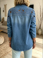 Women's Hollow Floral Embroidery Denim V Neck Long Sleeve Cardigan Jacket