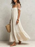 Women's Pleated Sheer-Sleeve Ruffle Maxi Dress