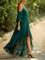 Women Solid Embroidery V Neck Cold Shoulder High Low Maxi Dress