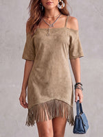 Women's Solid Color Short-sleeve Casual Loose Suede Dress With Tassels