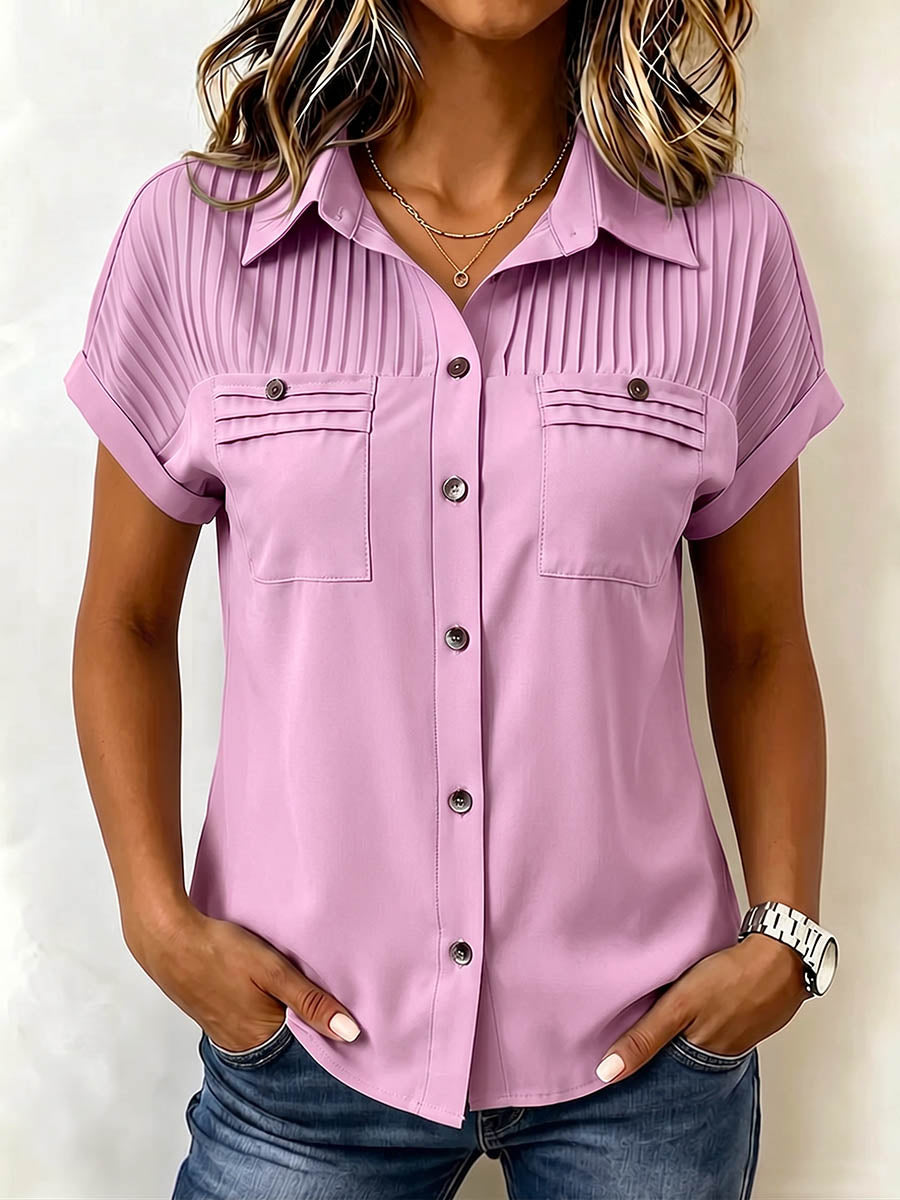 Women's Solid-color Short-sleeve Cotton-linen Shirt With Lapel, Pleated Detail, And Loose Casual Fit
