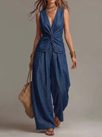 Chic Tancel Denim Knotted V-neck Top & Flowing Wide-leg Pants