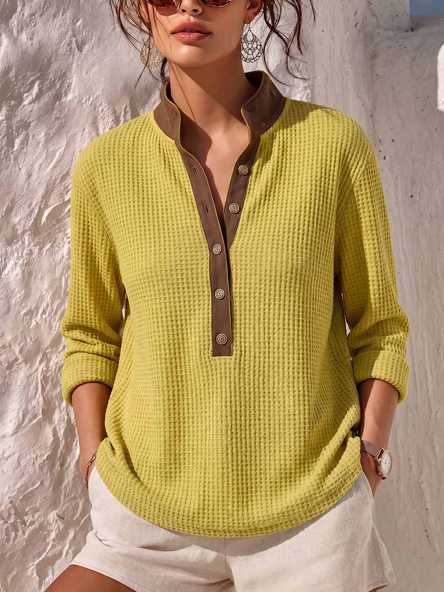 Women's Stand-collar Long-sleeve Loose-fit Waffle-knit Pullover