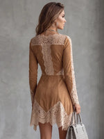 Bohemian Faux Suede Lace-Trimmed V-Neck Asymmetrical Dress