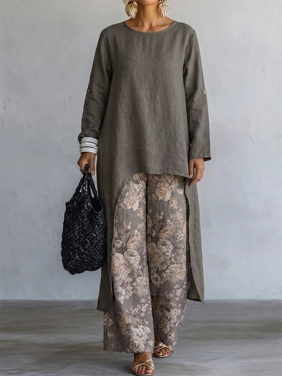 Two-piece Set Featuring A Floral Print Wide-leg Linen Pant And A Long, Side-slit Tunic With A Round Neck And Roll-tab Long Sleeves