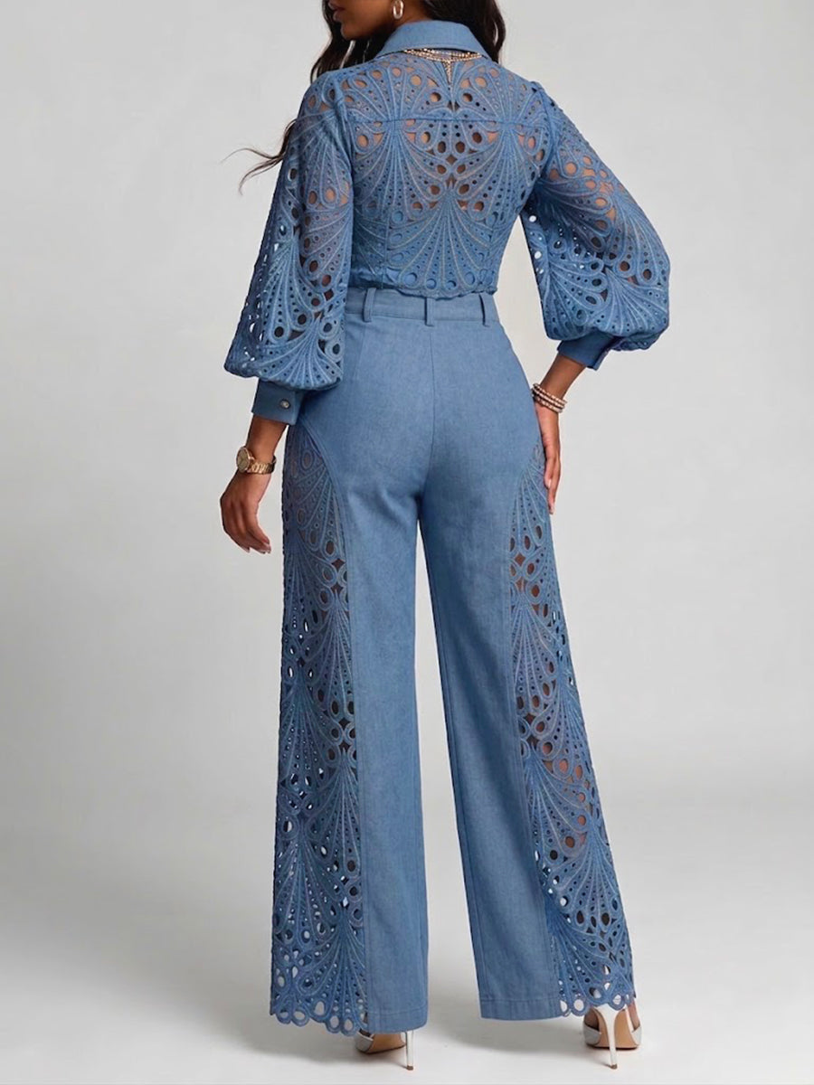 Casual Two-piece Set: Lace-paneled Denim Shirt And Trousers