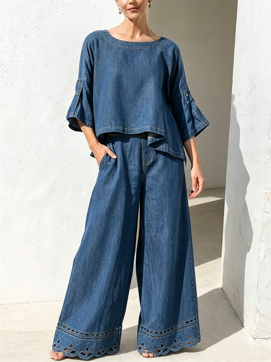 Vintage Washed Denim Boat Neck Irregular 5/4 Flare Sleeve Cropped Top + Hem Cutwork Hollow Wide Leg Pants 2-piece Set