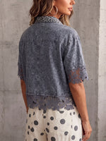 Vintage Elegant Denim Patchwork Cutout Floral Embroidered Lace Shirt