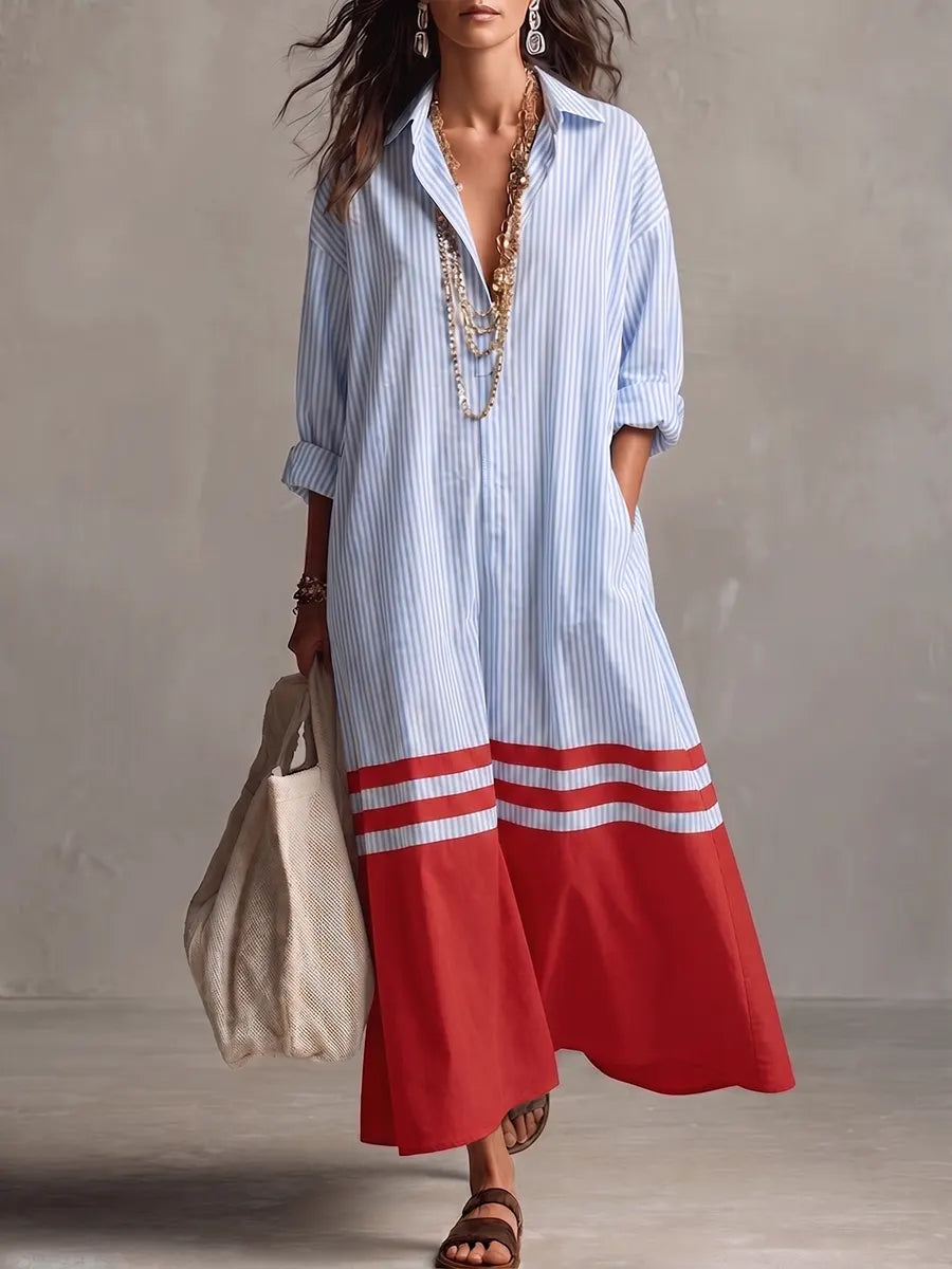 Chic Striped Color-block Collared Full Placket Maxi Shirtdress