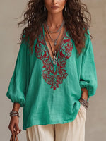 Vibrant Bohemian Embroidered Tunic – Relaxed V-Neck Blouse
