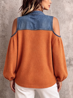 Cozy Casual Denim-paneled Waffle Knit Top