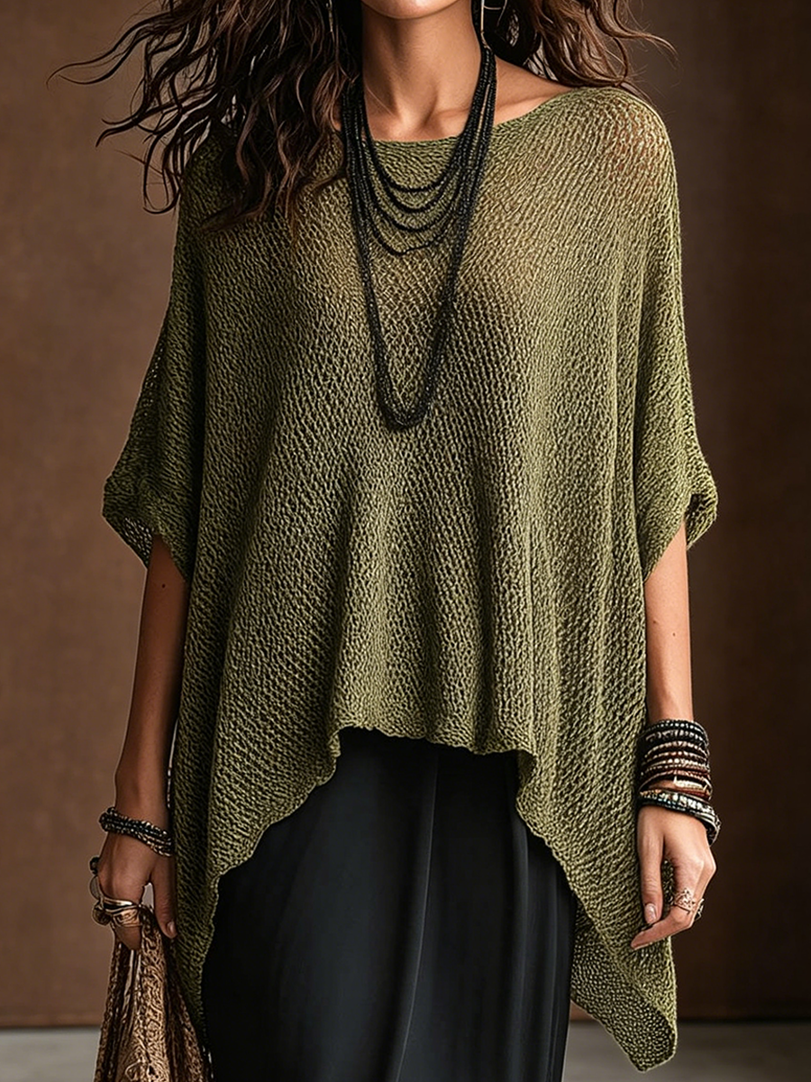 Open-knit Batwing-sleeve Pullover With An Asymmetrical Hem