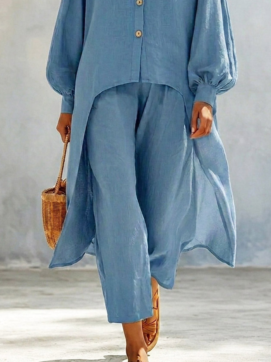 Women's V-Neck Art Casual Top And Pants Cotton And Linen Two-piece Set