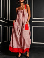 Resort Contrast Color Elastic Square Neck Thin Strap Vertical Stripe Red Splice Pocket Hem Loose Ankle Dress