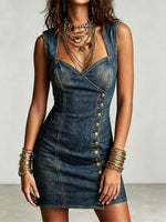 Women's Button Art Chic Casual Stylish Mini Denim Dress