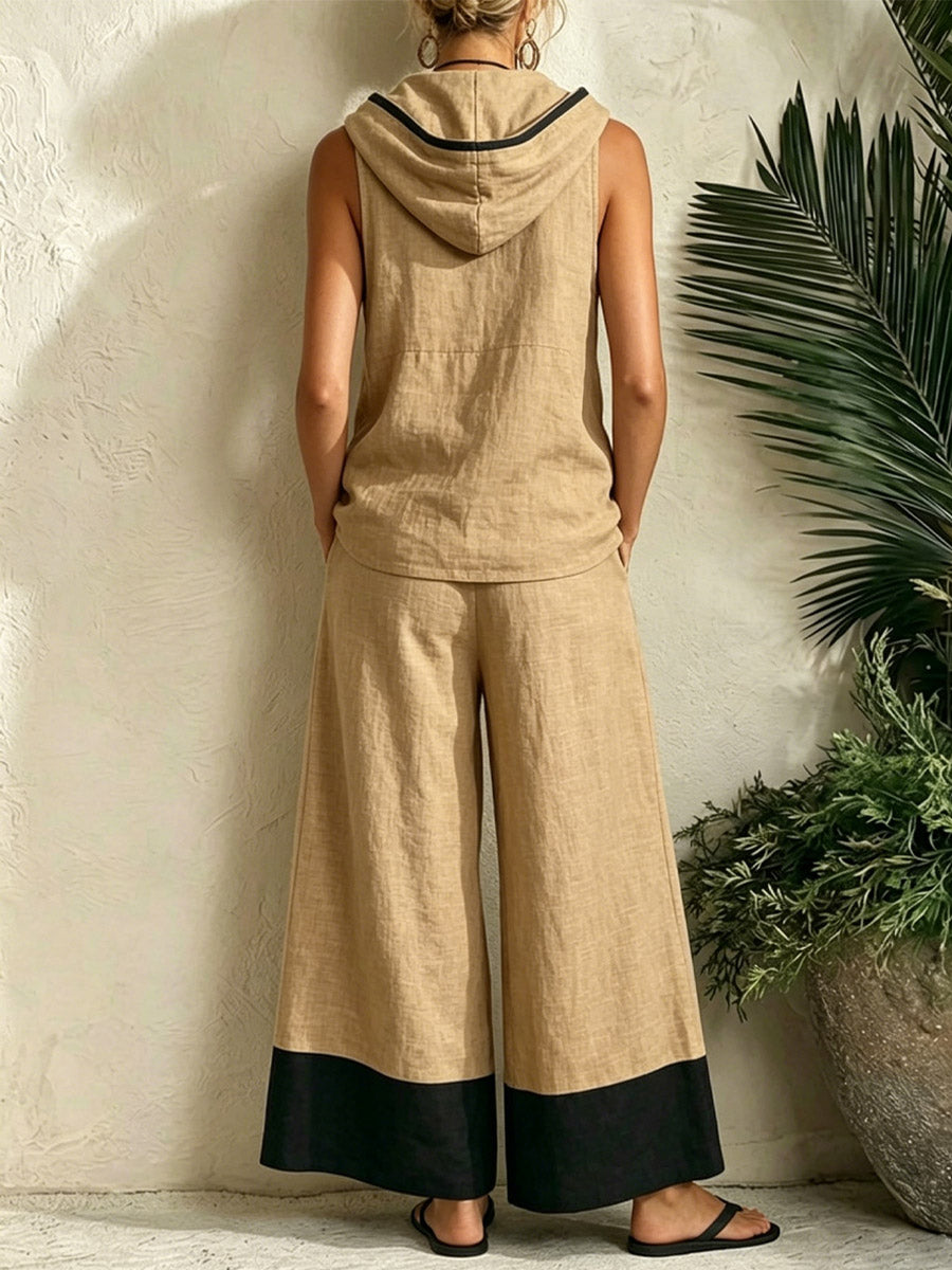 Women's Hooded Casual Sleeveless Top And Pants Cotton And Linen Two-piece Set