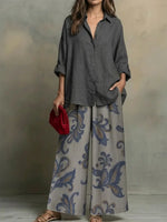 Effortless Bohemian Set – Relaxed Linen Shirt & Printed Wide-Leg Pants