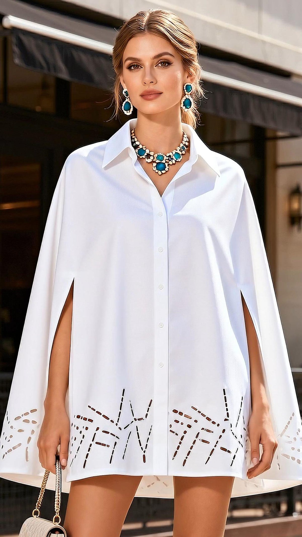 Elegant White Cape-Sleeve Button-Down Tunic Dress