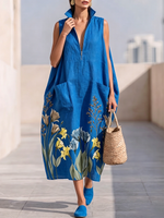 Artfully Tailored Floral Print Cotton-linen Dress