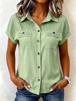Women's Solid-color Short-sleeve Cotton-linen Shirt With Lapel, Pleated Detail, And Loose Casual Fit